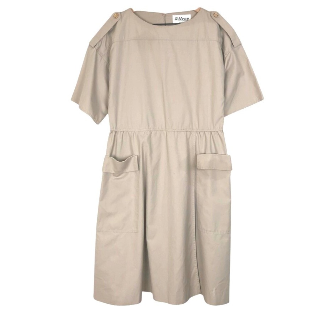 Wilroy Traveller Vintage Midi Dress Beige Short Sleeve Pockets Sz‎ 10 Career